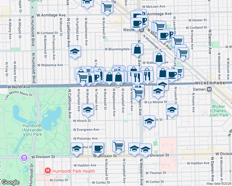 map of restaurants, bars, coffee shops, grocery stores, and more near 2503 West North Avenue in Chicago