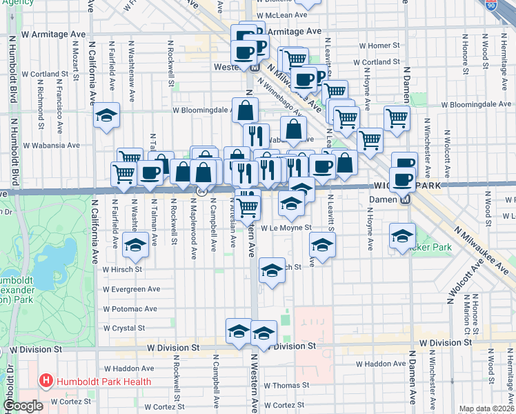 map of restaurants, bars, coffee shops, grocery stores, and more near 1547 North Western Avenue in Chicago