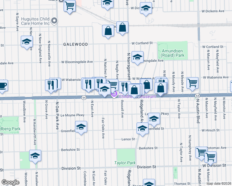 map of restaurants, bars, coffee shops, grocery stores, and more near 1608 North Nagle Avenue in Chicago