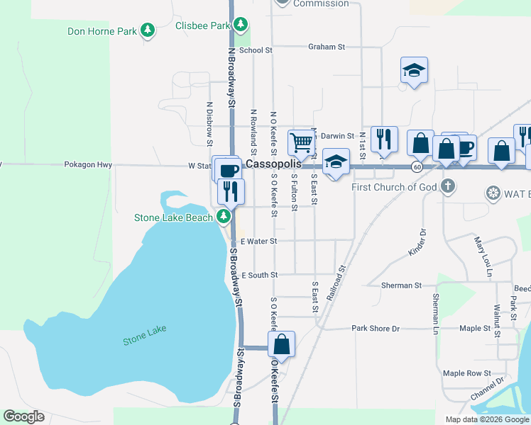 map of restaurants, bars, coffee shops, grocery stores, and more near 301 Jefferson Street in Cassopolis