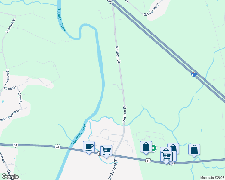 map of restaurants, bars, coffee shops, grocery stores, and more near 16 Vernon Street in Middleborough