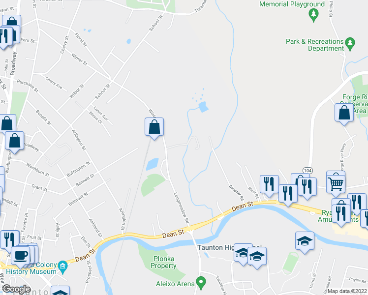 map of restaurants, bars, coffee shops, grocery stores, and more near 215 Longmeadow Road in Taunton