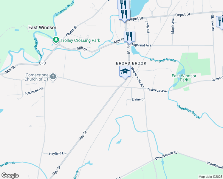 map of restaurants, bars, coffee shops, grocery stores, and more near 26 Rye Street in East Windsor