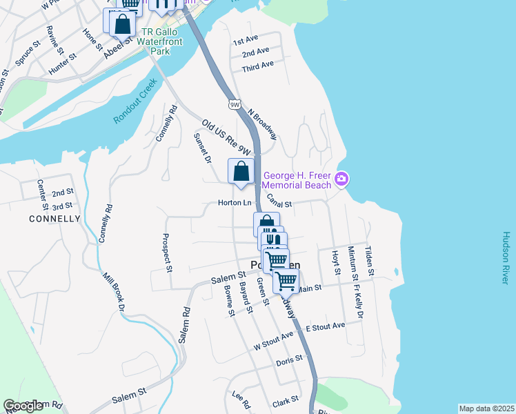 map of restaurants, bars, coffee shops, grocery stores, and more near 25 Broadway in Port Ewen