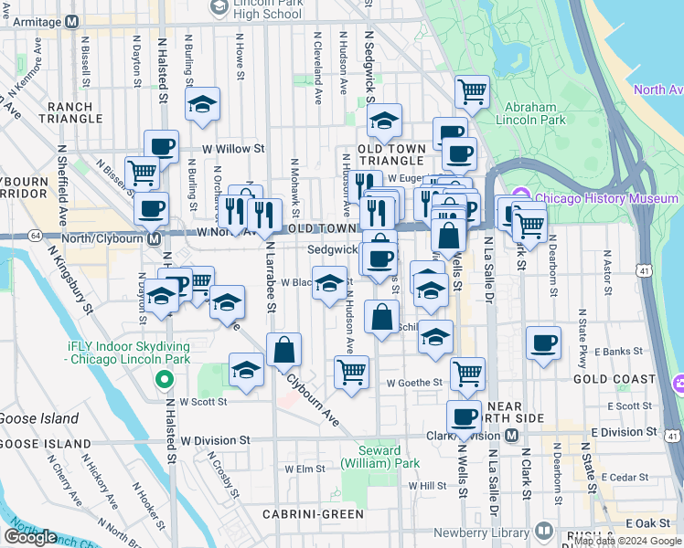 map of restaurants, bars, coffee shops, grocery stores, and more near 1523 North Cleveland Avenue in Chicago