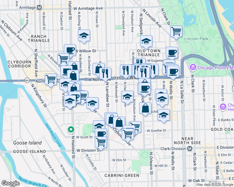 map of restaurants, bars, coffee shops, grocery stores, and more near 1527 North Mohawk Street in Chicago