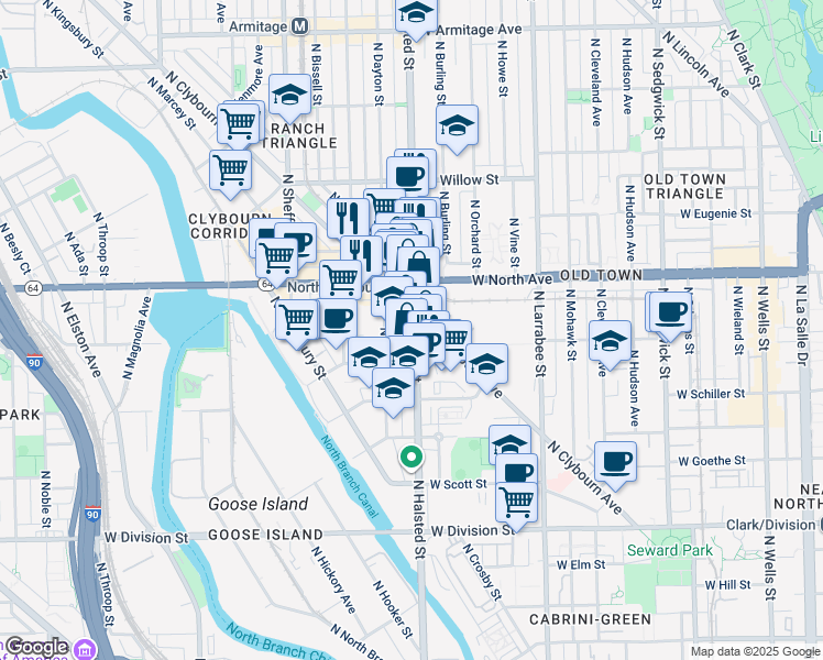 map of restaurants, bars, coffee shops, grocery stores, and more near in Chicago