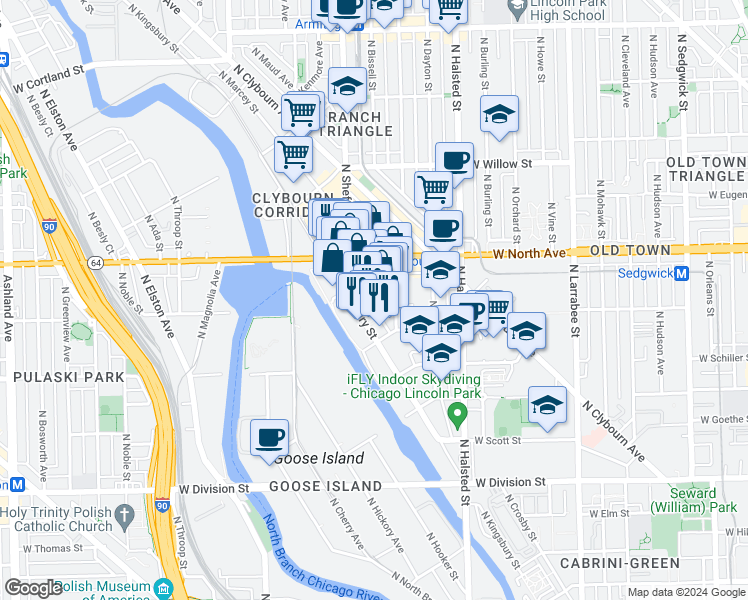 map of restaurants, bars, coffee shops, grocery stores, and more near 1551 North Sheffield Avenue in Chicago