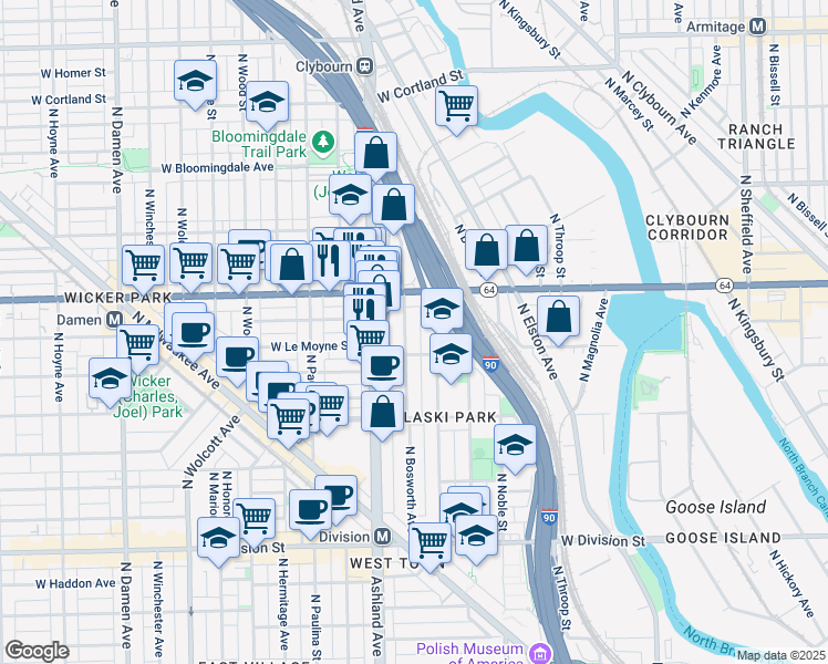 map of restaurants, bars, coffee shops, grocery stores, and more near 1541 North Bosworth Avenue in Chicago