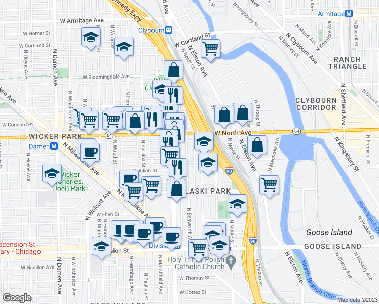 map of restaurants, bars, coffee shops, grocery stores, and more near 1541 North Bosworth Avenue in Chicago