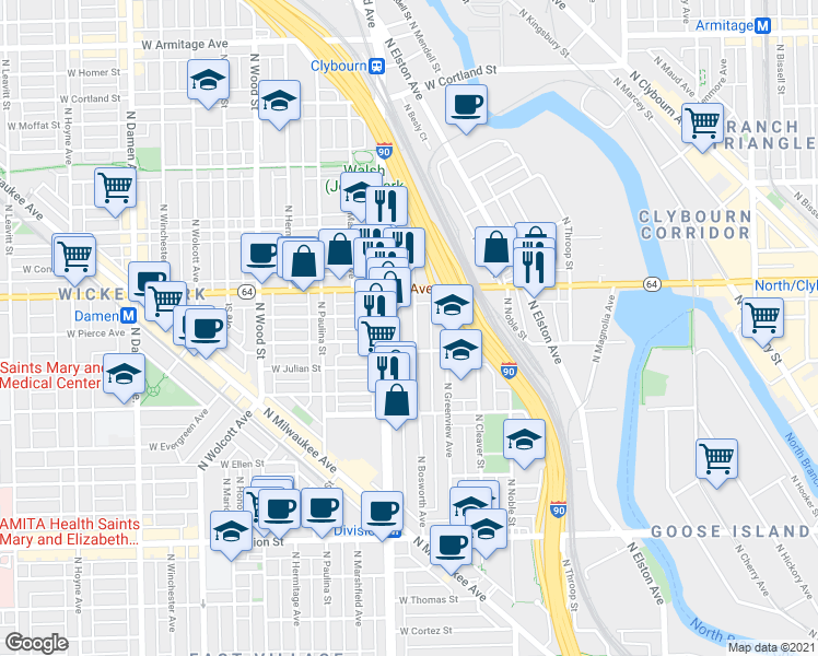 map of restaurants, bars, coffee shops, grocery stores, and more near 1541 North Bosworth Avenue in Chicago