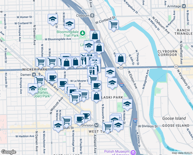 map of restaurants, bars, coffee shops, grocery stores, and more near 1515 North Ashland Avenue in Chicago