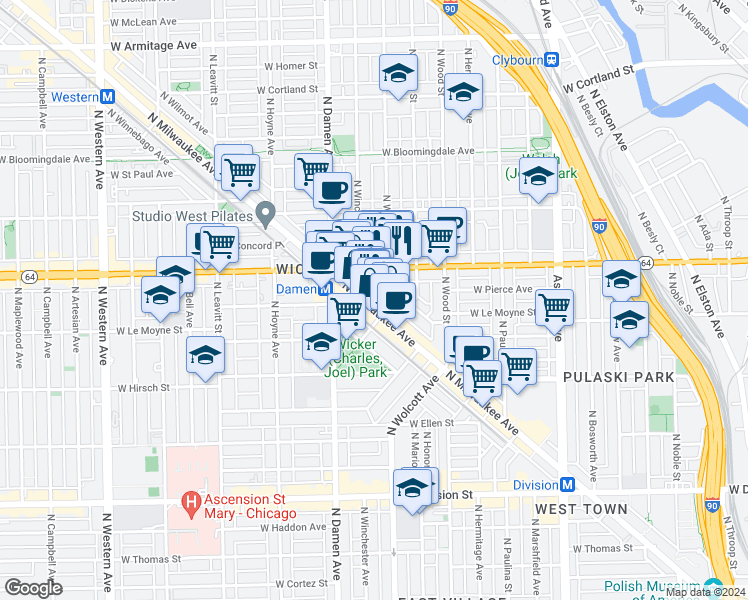 map of restaurants, bars, coffee shops, grocery stores, and more near 1530 North Elk Grove Avenue in Chicago