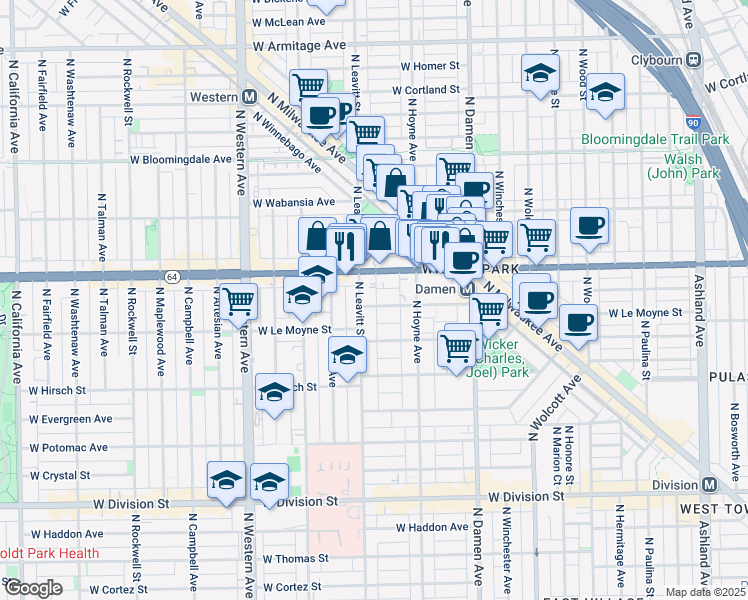 map of restaurants, bars, coffee shops, grocery stores, and more near 2131 West North Avenue in Chicago