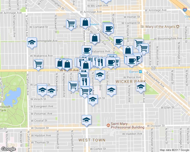 map of restaurants, bars, coffee shops, grocery stores, and more near in Chicago