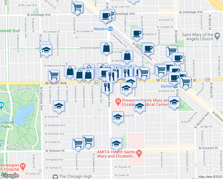 map of restaurants, bars, coffee shops, grocery stores, and more near 1547 North Western Avenue in Chicago