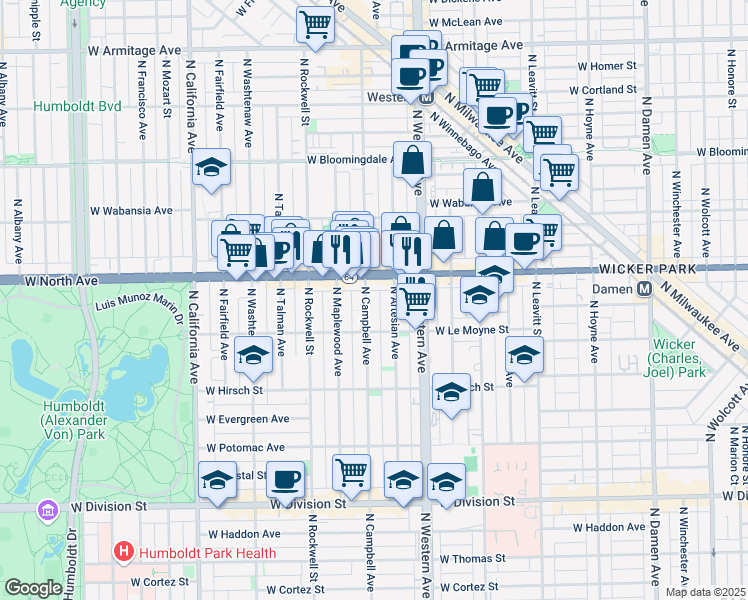 map of restaurants, bars, coffee shops, grocery stores, and more near 2503 West North Avenue in Chicago