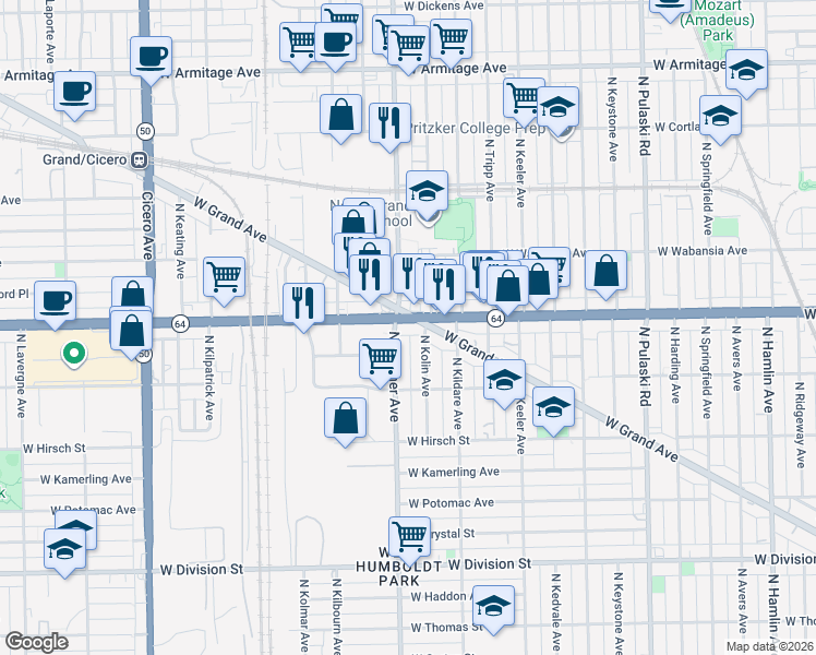 map of restaurants, bars, coffee shops, grocery stores, and more near 4400 West North Avenue in Chicago