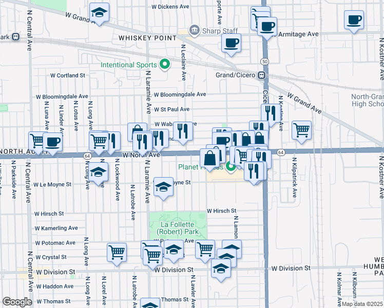 map of restaurants, bars, coffee shops, grocery stores, and more near 5011 West Concord Place in Chicago