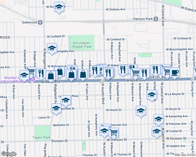 map of restaurants, bars, coffee shops, grocery stores, and more near 1618 North McVicker Avenue in Chicago