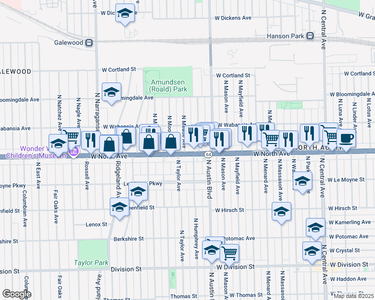map of restaurants, bars, coffee shops, grocery stores, and more near 1618 North McVicker Avenue in Chicago