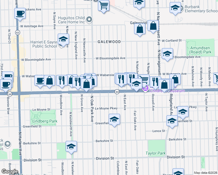 map of restaurants, bars, coffee shops, grocery stores, and more near 1629 North Normandy Avenue in Chicago
