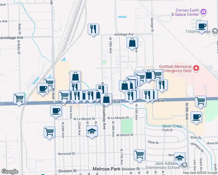 map of restaurants, bars, coffee shops, grocery stores, and more near 1942 North 18th Avenue in Melrose Park