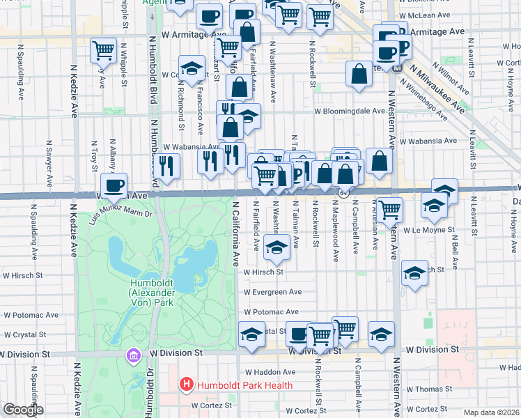 map of restaurants, bars, coffee shops, grocery stores, and more near 1537 North Fairfield Avenue in Chicago