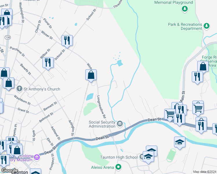 map of restaurants, bars, coffee shops, grocery stores, and more near 215 Longmeadow Road in Taunton