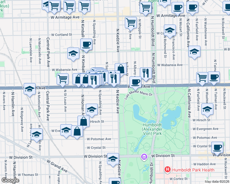 map of restaurants, bars, coffee shops, grocery stores, and more near 1542 North Kedzie Avenue in Chicago