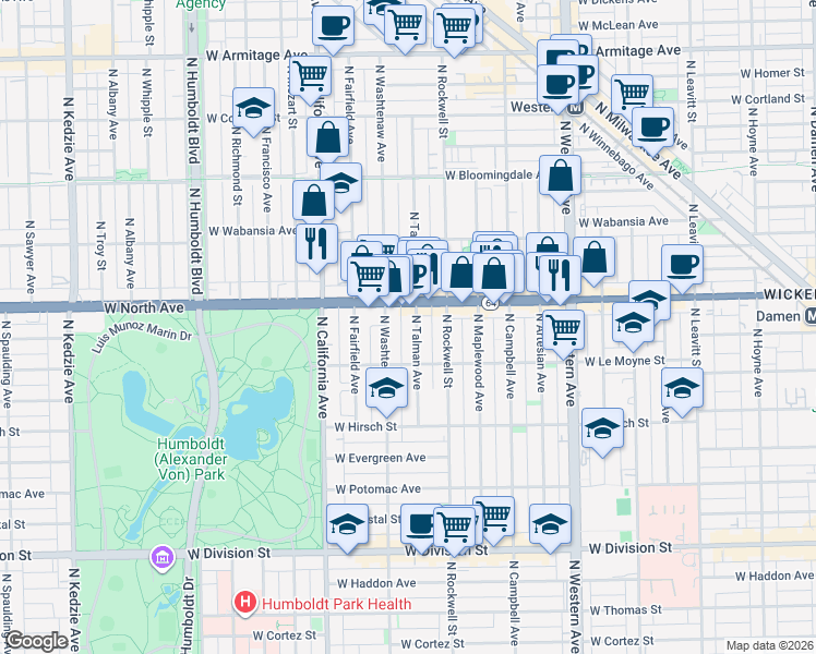 map of restaurants, bars, coffee shops, grocery stores, and more near 2639 West North Avenue in Chicago