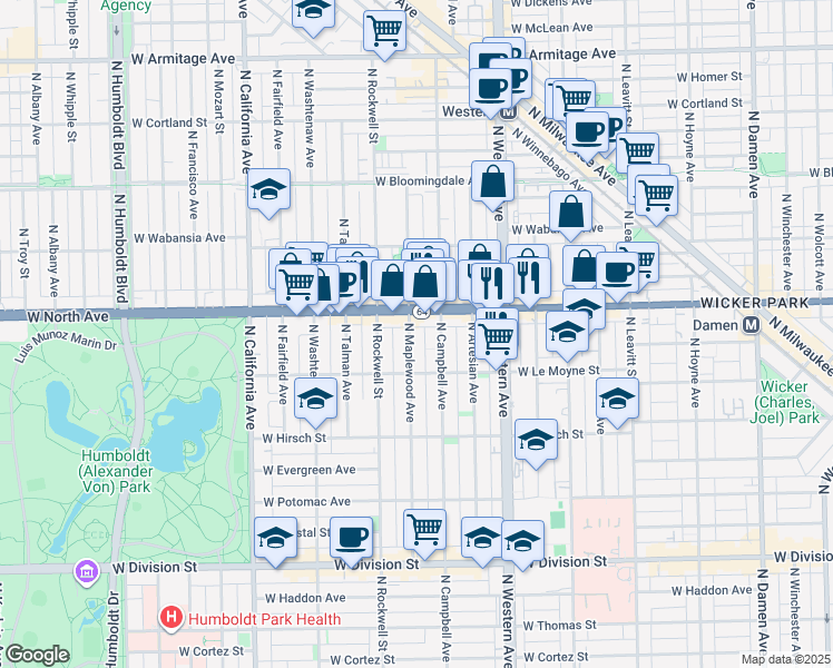 map of restaurants, bars, coffee shops, grocery stores, and more near 1539 North Maplewood Avenue in Chicago
