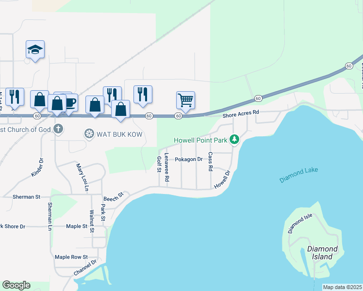 map of restaurants, bars, coffee shops, grocery stores, and more near 61111 Putnam Road in Cassopolis