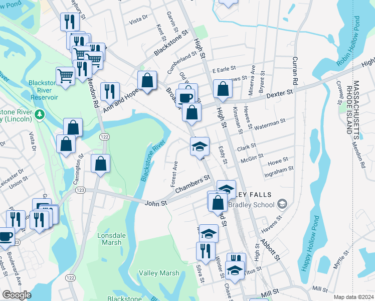 map of restaurants, bars, coffee shops, grocery stores, and more near 8 Forest Avenue in Cumberland