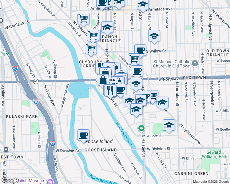 map of restaurants, bars, coffee shops, grocery stores, and more near 1551 North Sheffield Avenue in Chicago