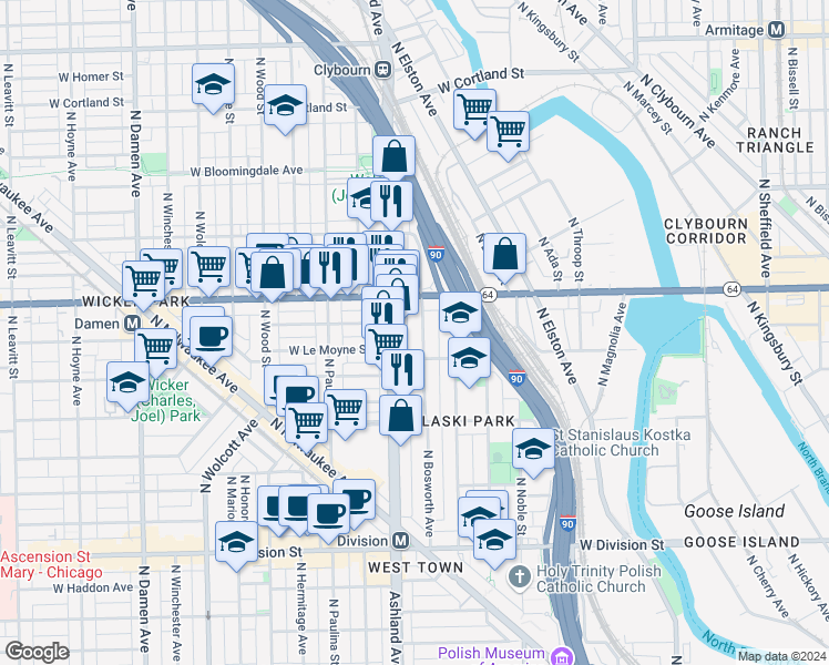 map of restaurants, bars, coffee shops, grocery stores, and more near 1515 North Ashland Avenue in Chicago