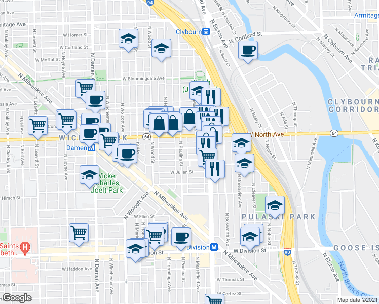 map of restaurants, bars, coffee shops, grocery stores, and more near 1641 West North Avenue in Chicago