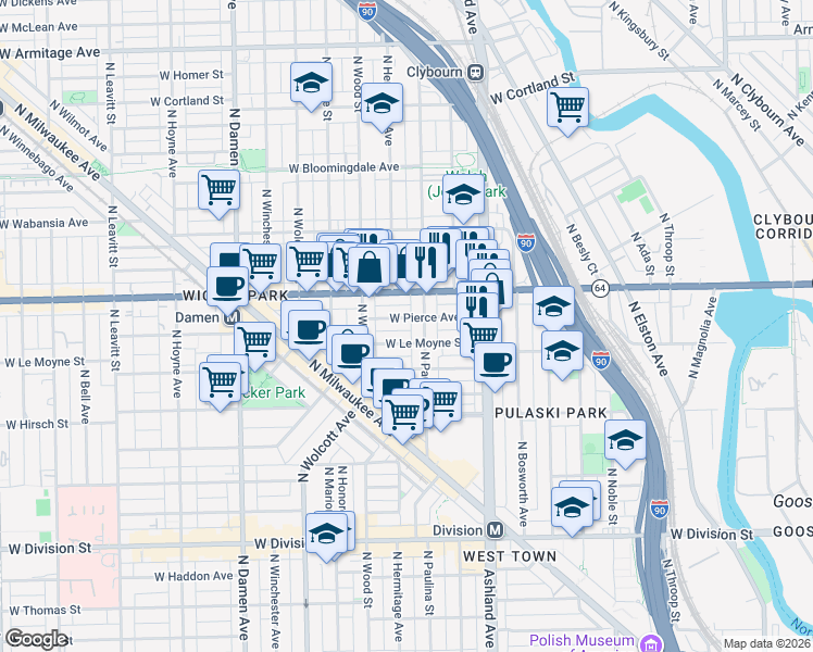map of restaurants, bars, coffee shops, grocery stores, and more near 1528 North Paulina Street in Chicago