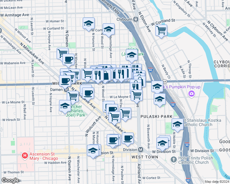map of restaurants, bars, coffee shops, grocery stores, and more near 1528 North Paulina Street in Chicago