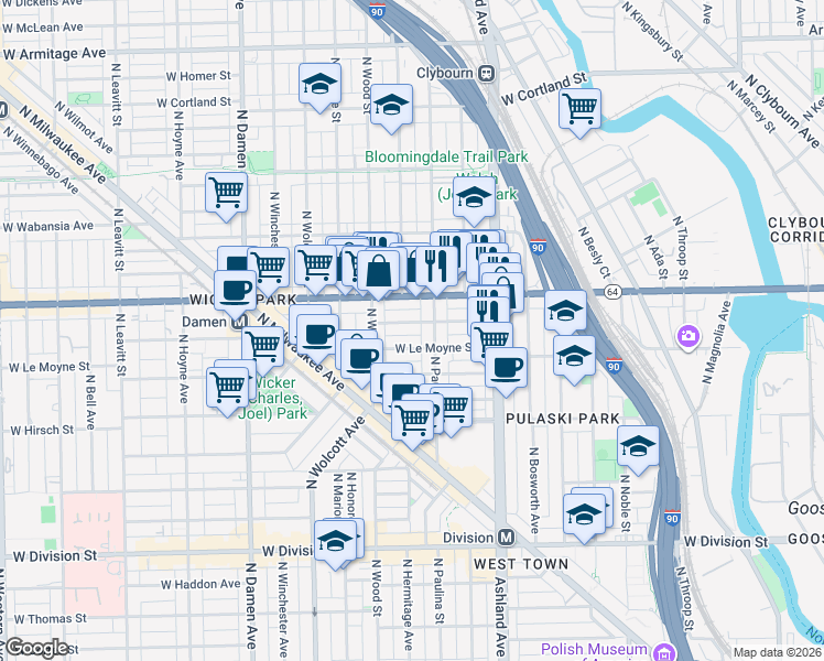 map of restaurants, bars, coffee shops, grocery stores, and more near 1528 North Paulina Street in Chicago