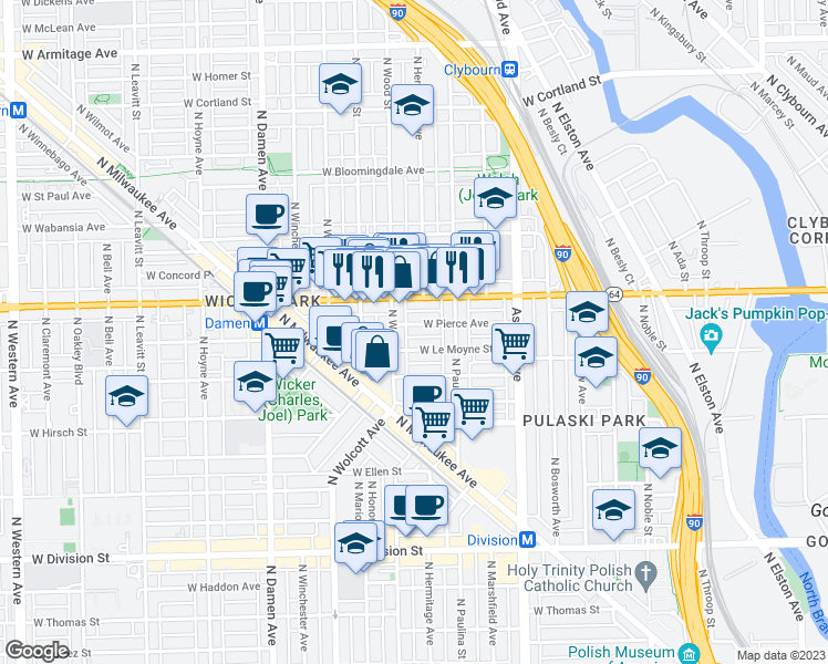 map of restaurants, bars, coffee shops, grocery stores, and more near 1801 Illinois 64 in Chicago