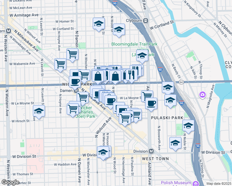 map of restaurants, bars, coffee shops, grocery stores, and more near 1801 Illinois 64 in Chicago