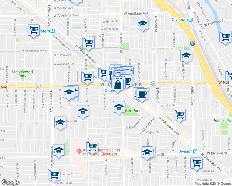 map of restaurants, bars, coffee shops, grocery stores, and more near 1604 North Milwaukee Avenue in Chicago
