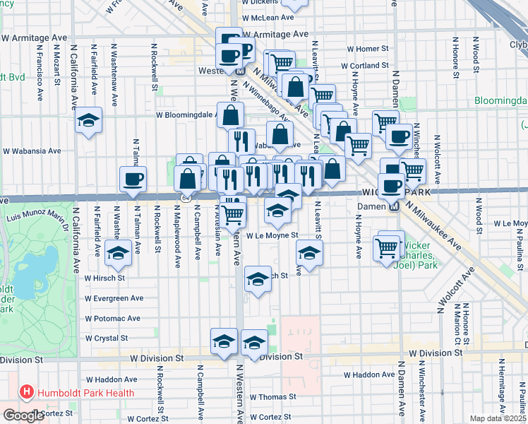 map of restaurants, bars, coffee shops, grocery stores, and more near 2325 West North Avenue in Chicago