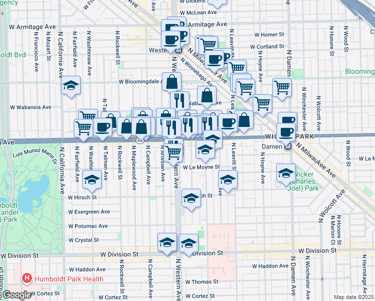 map of restaurants, bars, coffee shops, grocery stores, and more near 1547 North Western Avenue in Chicago