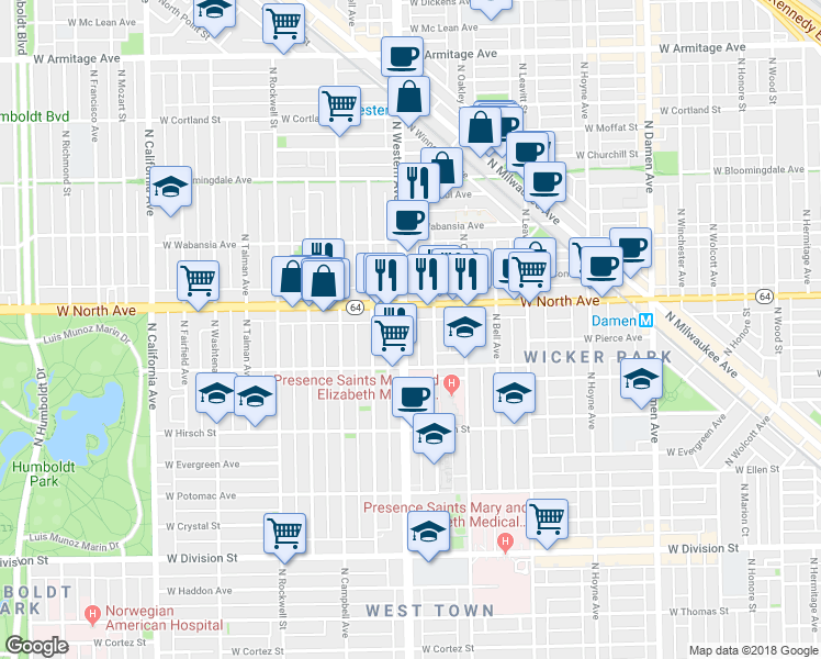 map of restaurants, bars, coffee shops, grocery stores, and more near 1547 North Western Avenue in Chicago