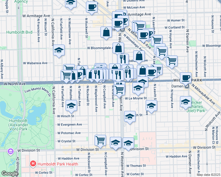map of restaurants, bars, coffee shops, grocery stores, and more near 2437 West North Avenue in Chicago