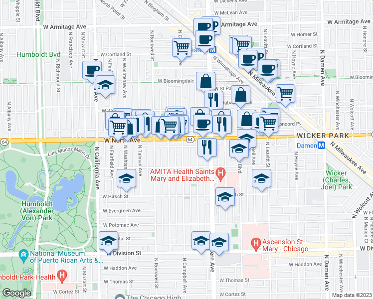 map of restaurants, bars, coffee shops, grocery stores, and more near 2503 West North Avenue in Chicago