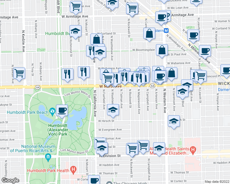 map of restaurants, bars, coffee shops, grocery stores, and more near 2641 West North Avenue in Chicago