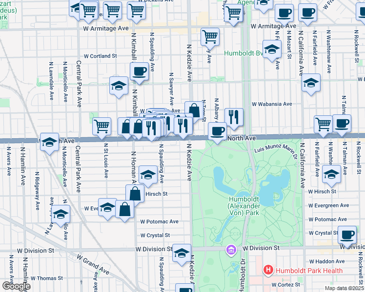 map of restaurants, bars, coffee shops, grocery stores, and more near in Chicago